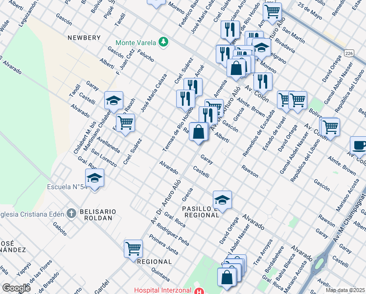 map of restaurants, bars, coffee shops, grocery stores, and more near 2816 Calle 182 in Mar del Plata