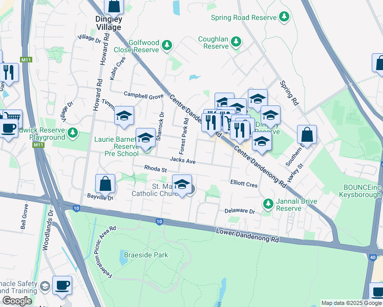 map of restaurants, bars, coffee shops, grocery stores, and more near 28 Mussert Avenue in Dingley Village