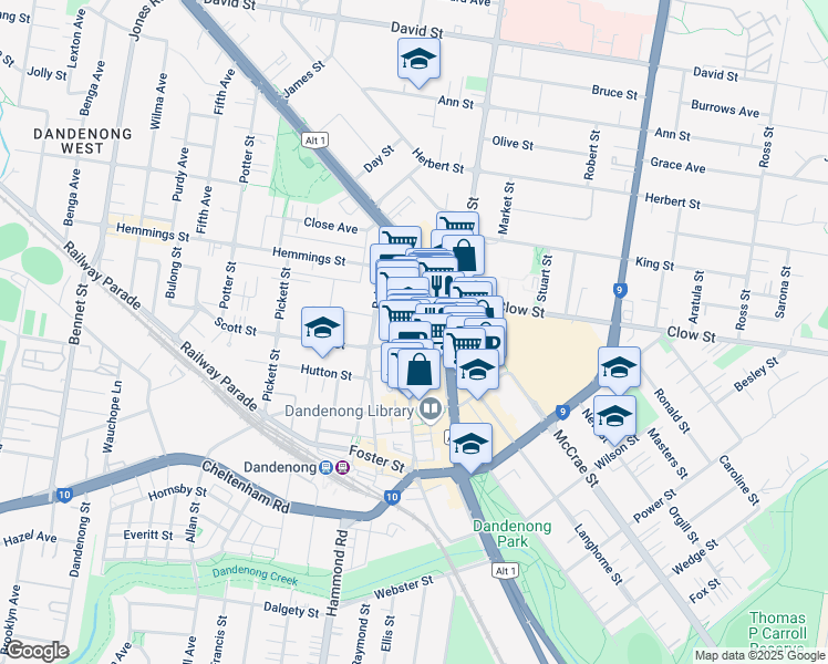 map of restaurants, bars, coffee shops, grocery stores, and more near 280 Thomas Street in Dandenong