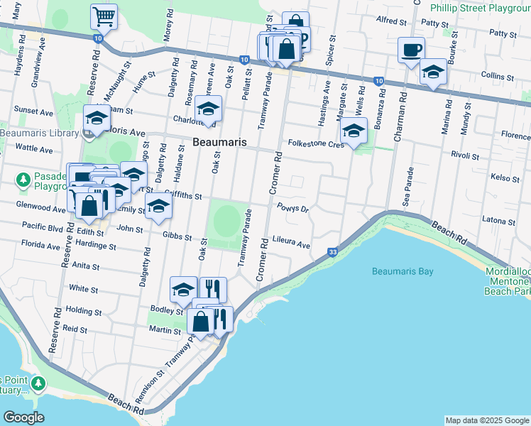 map of restaurants, bars, coffee shops, grocery stores, and more near 39 Cromer Road in Beaumaris
