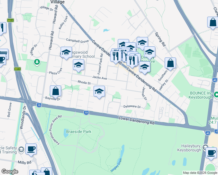 map of restaurants, bars, coffee shops, grocery stores, and more near 16 Rhoda Street in Dingley Village