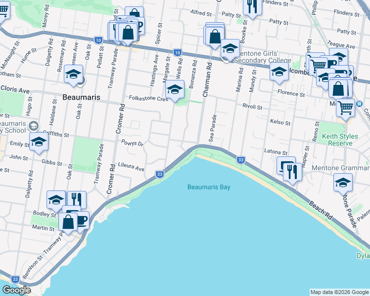 map of restaurants, bars, coffee shops, grocery stores, and more near 30 Beach Road in Beaumaris