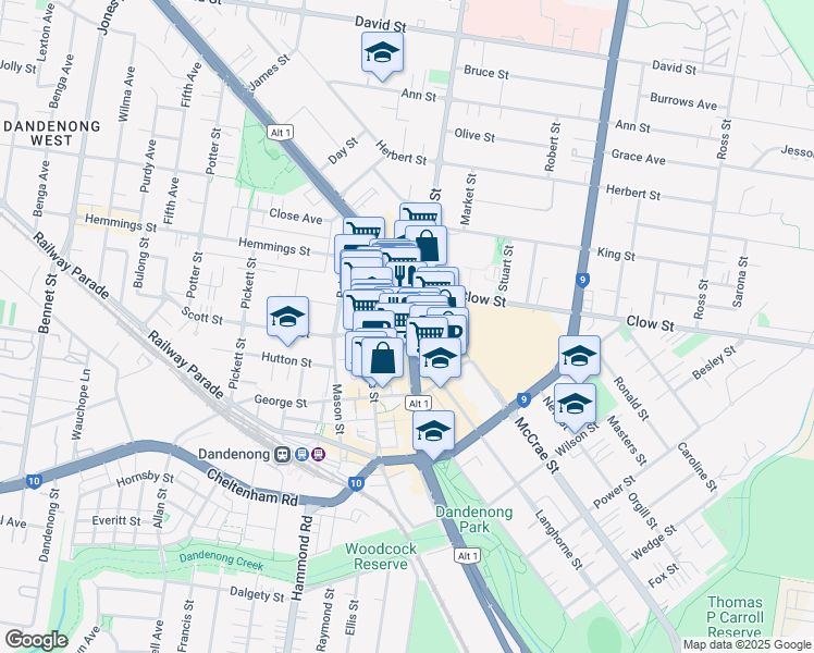 map of restaurants, bars, coffee shops, grocery stores, and more near 311 Lonsdale Street in Dandenong