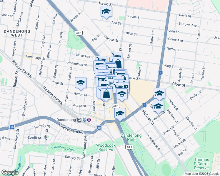 map of restaurants, bars, coffee shops, grocery stores, and more near 311 Lonsdale Street in Dandenong