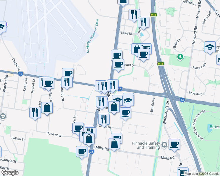 map of restaurants, bars, coffee shops, grocery stores, and more near Lower Dandenong Road in Braeside