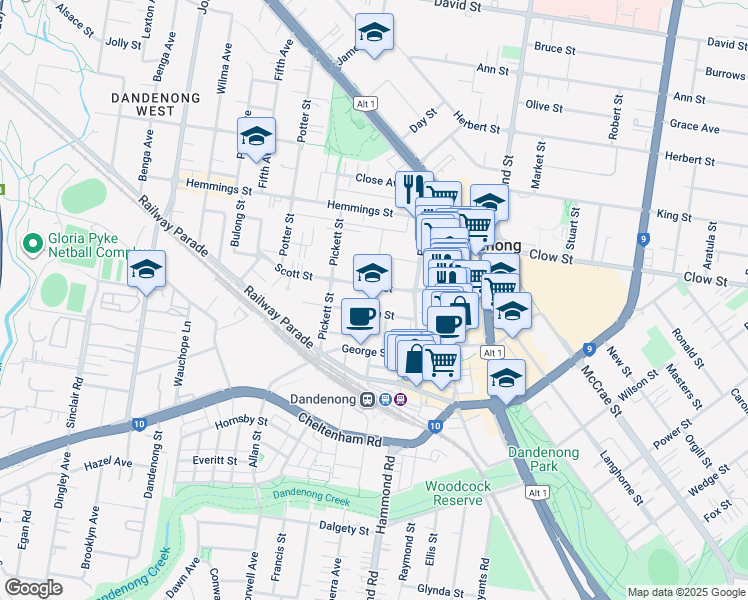 map of restaurants, bars, coffee shops, grocery stores, and more near 37 Scott Street in Dandenong