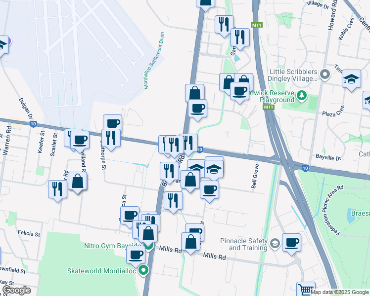 map of restaurants, bars, coffee shops, grocery stores, and more near Lower Dandenong Road in Braeside