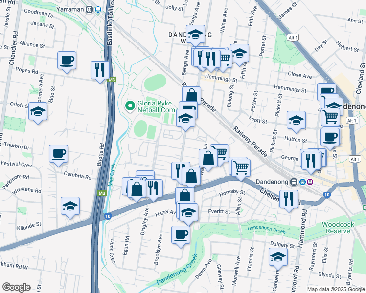 map of restaurants, bars, coffee shops, grocery stores, and more near Bennet Street in Dandenong