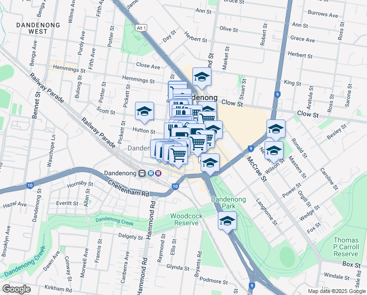 map of restaurants, bars, coffee shops, grocery stores, and more near in Dandenong