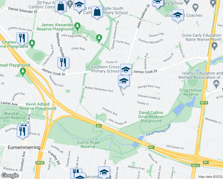 map of restaurants, bars, coffee shops, grocery stores, and more near 18 Robert Molyneux Avenue in Endeavour Hills
