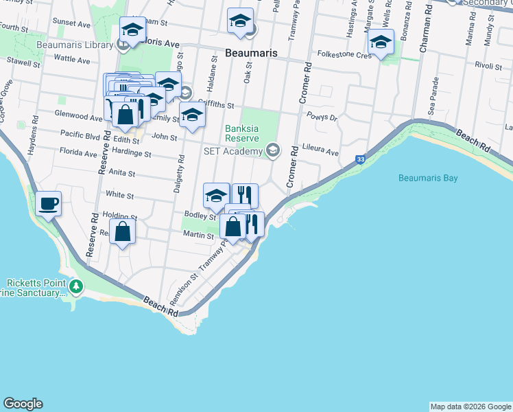 map of restaurants, bars, coffee shops, grocery stores, and more near 3 Banksia Avenue in Beaumaris