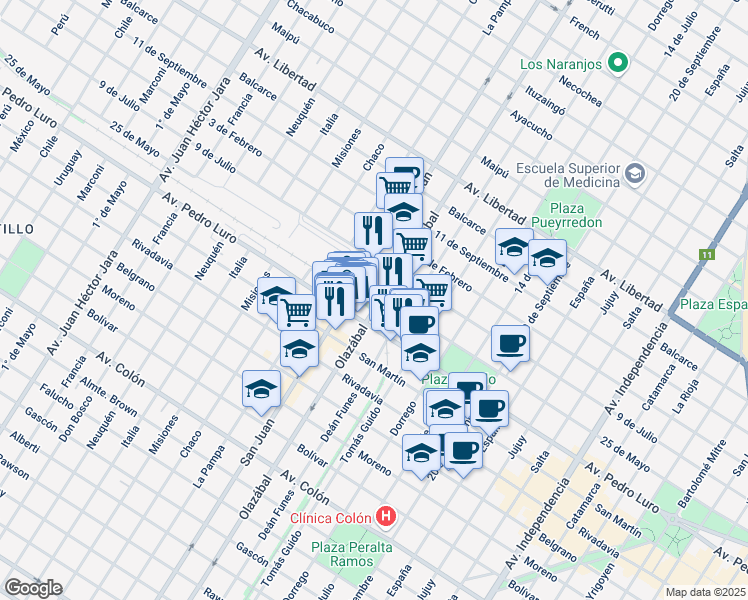 map of restaurants, bars, coffee shops, grocery stores, and more near 4120 25 de Mayo in Mar del Plata