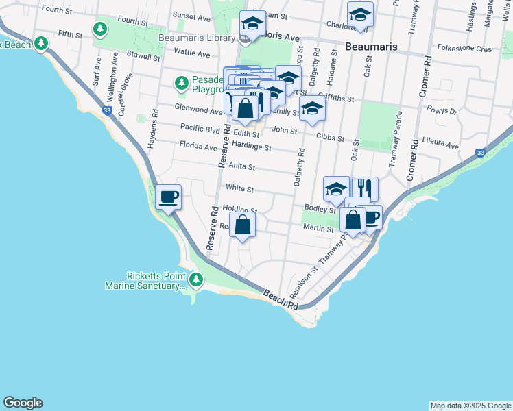 map of restaurants, bars, coffee shops, grocery stores, and more near 21 Holding Street in Beaumaris