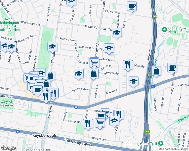 map of restaurants, bars, coffee shops, grocery stores, and more near 397A Chandler Road in Keysborough