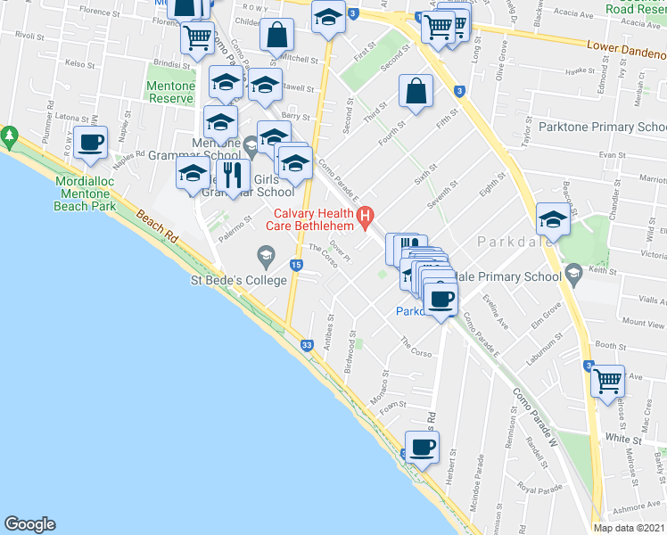 map of restaurants, bars, coffee shops, grocery stores, and more near 14 The Corso in Parkdale
