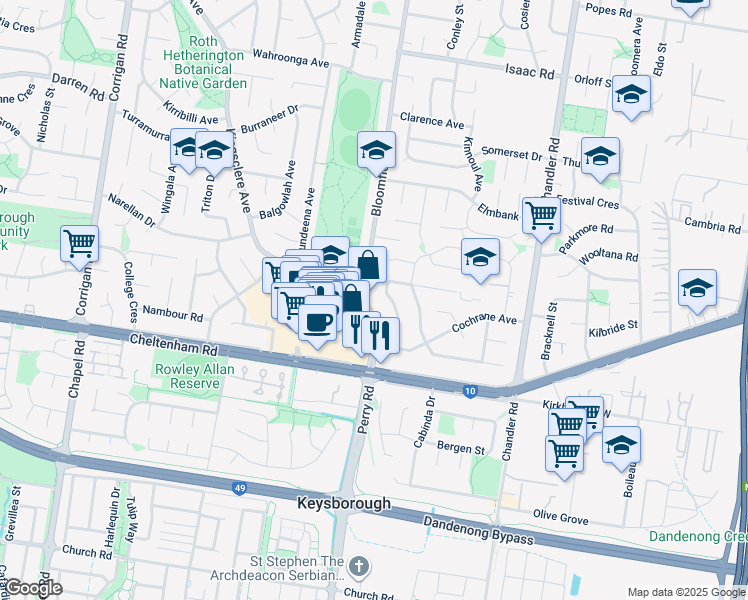map of restaurants, bars, coffee shops, grocery stores, and more near 157 Kingsclere Avenue in Keysborough