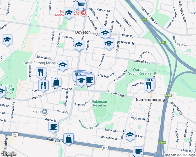 map of restaurants, bars, coffee shops, grocery stores, and more near 20 Tristania Street in Doveton