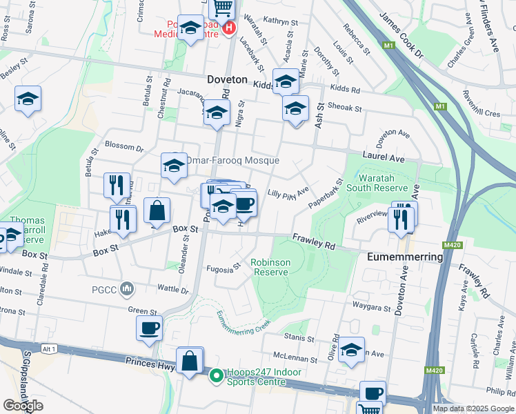 map of restaurants, bars, coffee shops, grocery stores, and more near 15 Tristania Street in Doveton