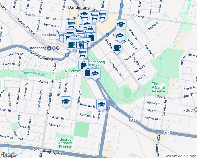 map of restaurants, bars, coffee shops, grocery stores, and more near Lonsdale Street in Dandenong