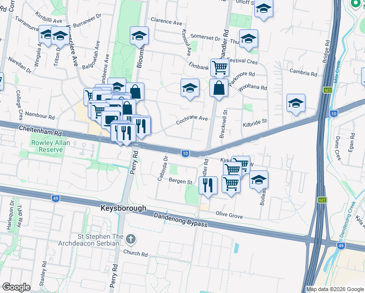 map of restaurants, bars, coffee shops, grocery stores, and more near 271 Cheltenham Road in Keysborough