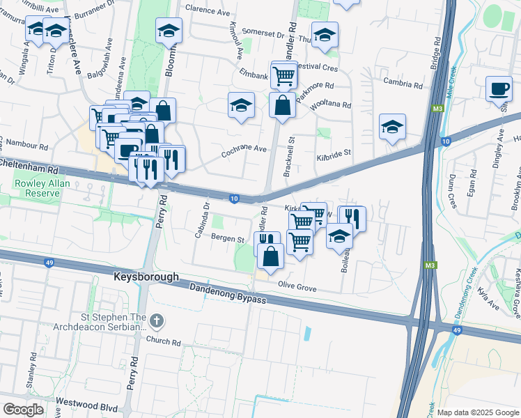 map of restaurants, bars, coffee shops, grocery stores, and more near 254 Cheltenham Road in Keysborough