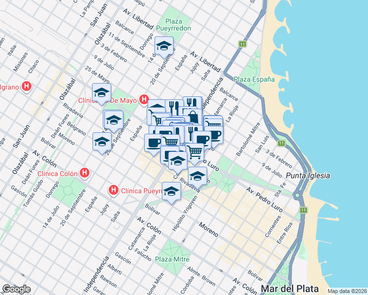 map of restaurants, bars, coffee shops, grocery stores, and more near 3171 Avenida Pedro Luro in Mar del Plata