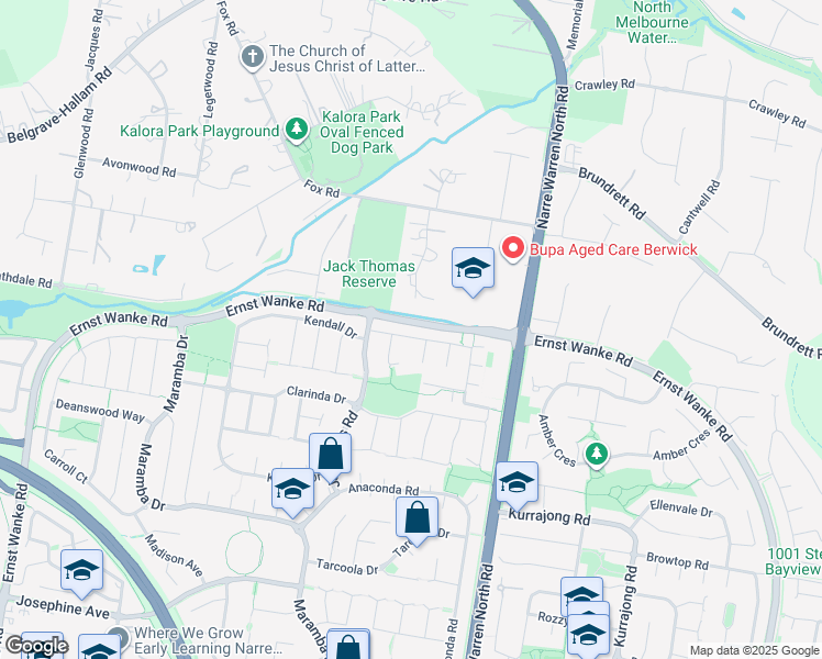 map of restaurants, bars, coffee shops, grocery stores, and more near 18 London Crescent in Narre Warren