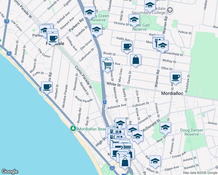 map of restaurants, bars, coffee shops, grocery stores, and more near 2 White Street in Mordialloc