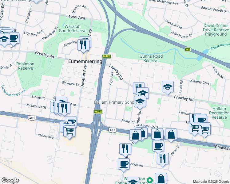 map of restaurants, bars, coffee shops, grocery stores, and more near 17 Carlisle Road in Hallam