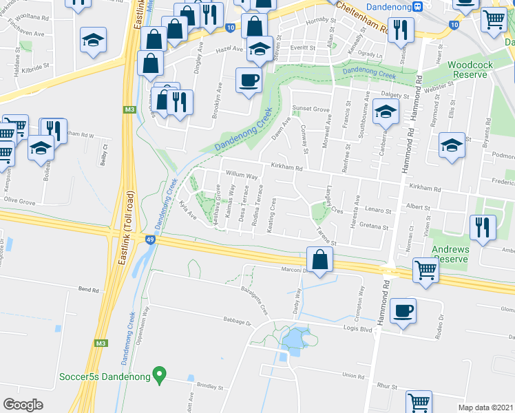 map of restaurants, bars, coffee shops, grocery stores, and more near Rodina Terrace in Dandenong South