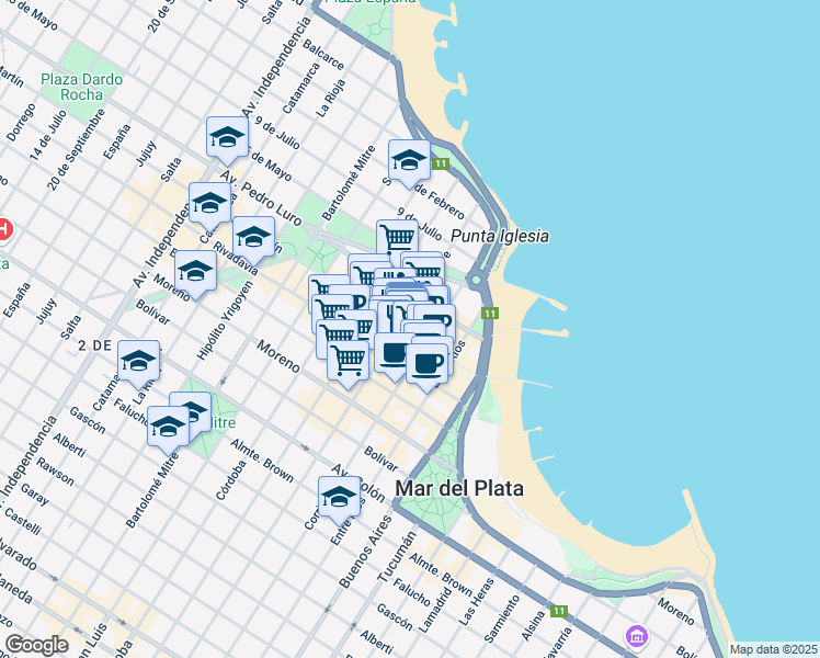 map of restaurants, bars, coffee shops, grocery stores, and more near 2363 Peatonal San Martín in Mar del Plata
