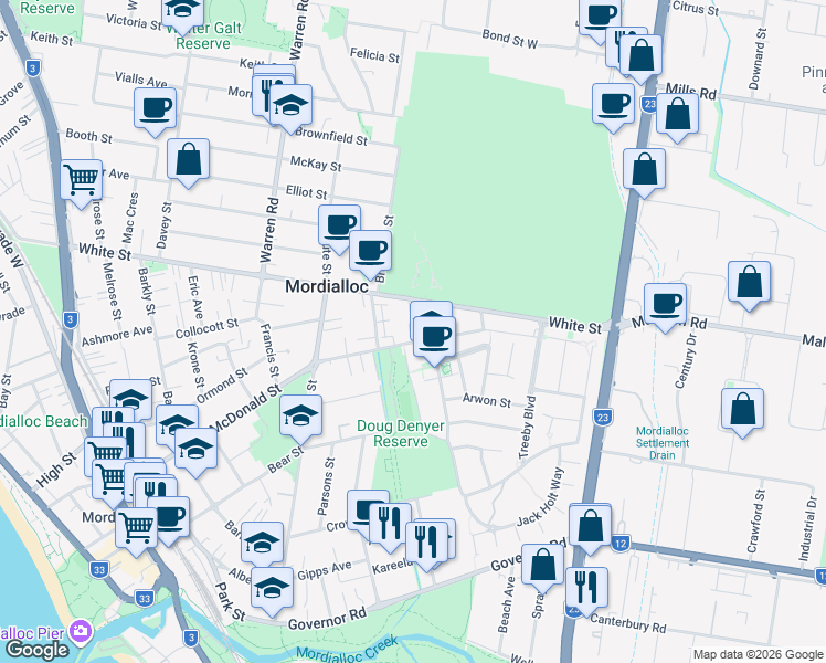 map of restaurants, bars, coffee shops, grocery stores, and more near 115-117 McDonald Street in Mordialloc