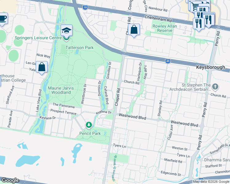 map of restaurants, bars, coffee shops, grocery stores, and more near 19 Peppertree Street in Keysborough