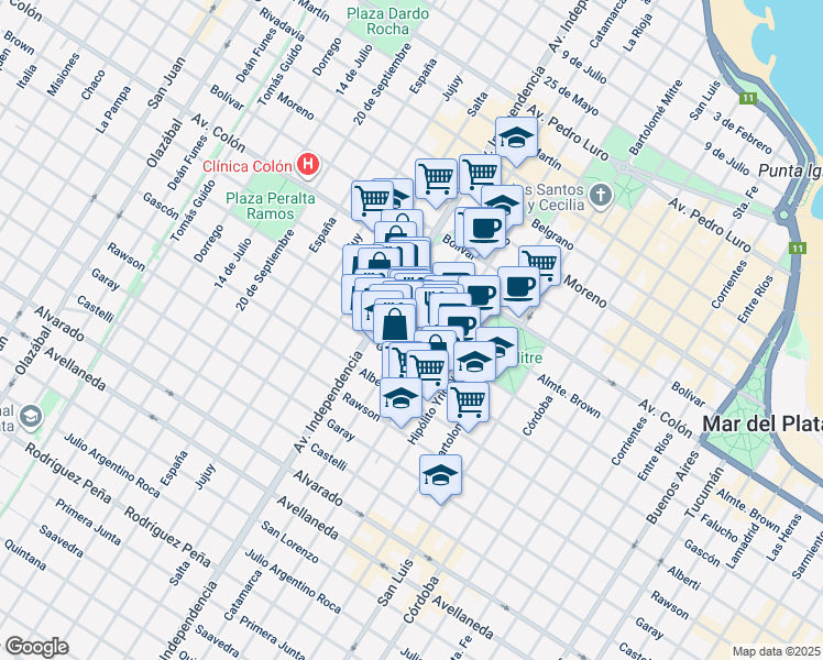 map of restaurants, bars, coffee shops, grocery stores, and more near Falucho in Mar del Plata