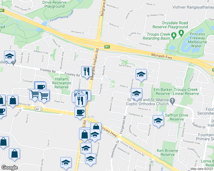 map of restaurants, bars, coffee shops, grocery stores, and more near 15 Ashcroft Close in Hallam