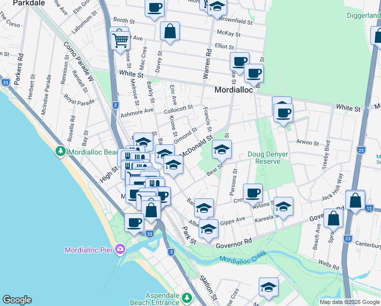 map of restaurants, bars, coffee shops, grocery stores, and more near 34 McDonald Street in Mordialloc