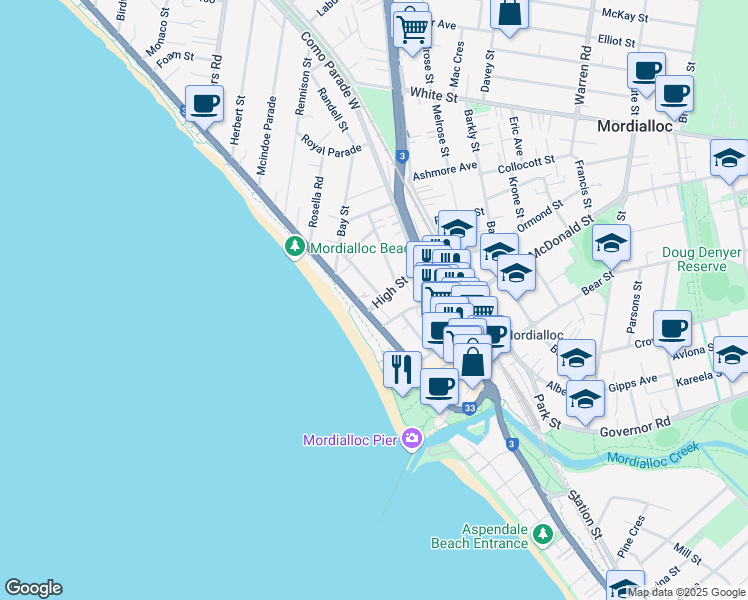 map of restaurants, bars, coffee shops, grocery stores, and more near 191 Beach Road in Mordialloc
