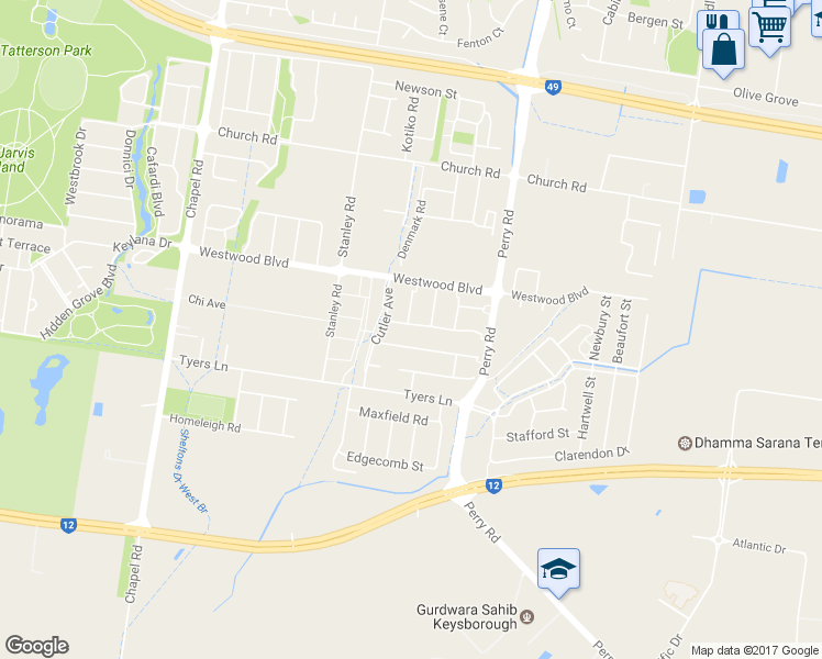 map of restaurants, bars, coffee shops, grocery stores, and more near 126-142 Perry Road in Keysborough