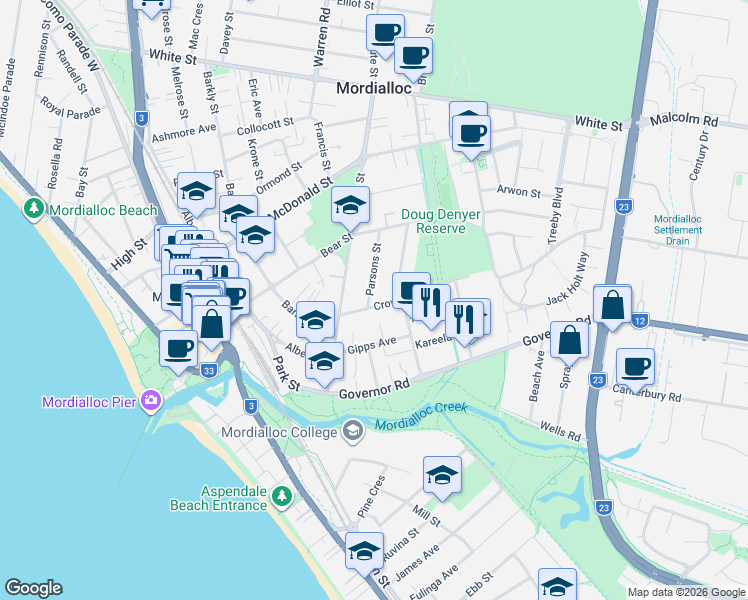 map of restaurants, bars, coffee shops, grocery stores, and more near 5 Crown Avenue in Mordialloc