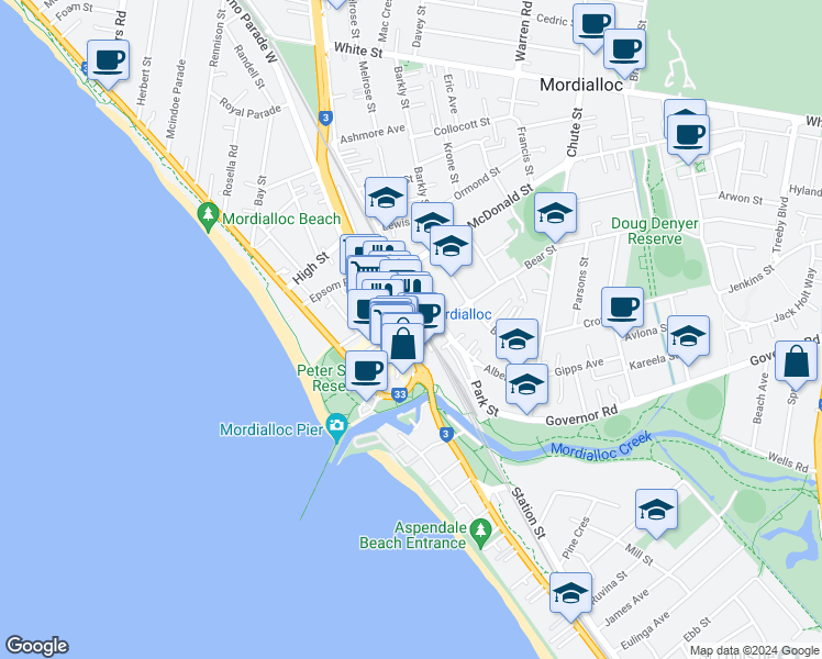 map of restaurants, bars, coffee shops, grocery stores, and more near 517 Main Street in Mordialloc