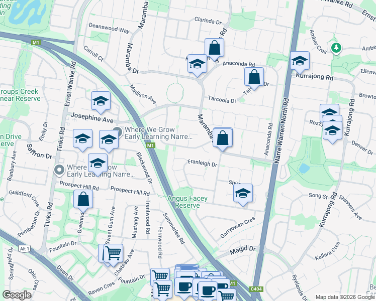 map of restaurants, bars, coffee shops, grocery stores, and more near 20 Barondi Avenue in Narre Warren