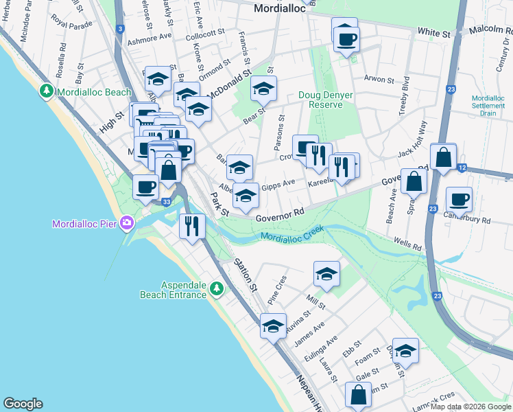 map of restaurants, bars, coffee shops, grocery stores, and more near 8 Chute Street in Mordialloc