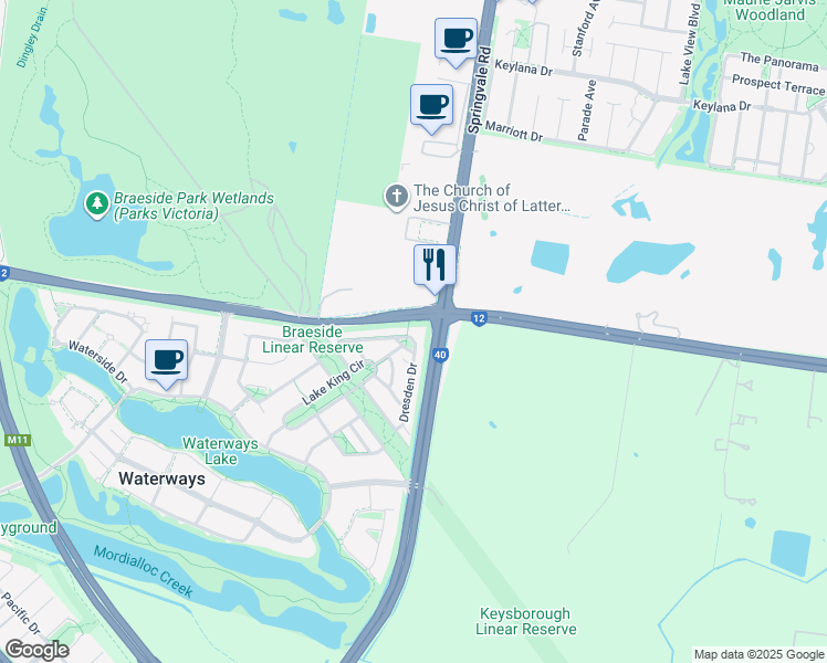 map of restaurants, bars, coffee shops, grocery stores, and more near 7 Paragon Way in Waterways