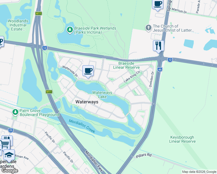 map of restaurants, bars, coffee shops, grocery stores, and more near 23 Waterside Drive in Waterways