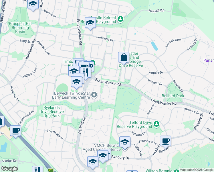 map of restaurants, bars, coffee shops, grocery stores, and more near 40-44 Warrawong Drive in Berwick