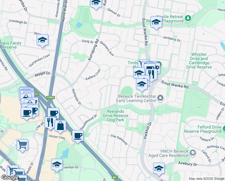 map of restaurants, bars, coffee shops, grocery stores, and more near 16 Cherry Tree Lane in Narre Warren