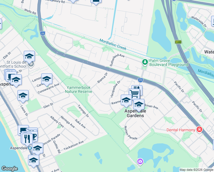 map of restaurants, bars, coffee shops, grocery stores, and more near 16 Helmich Court in Aspendale Gardens