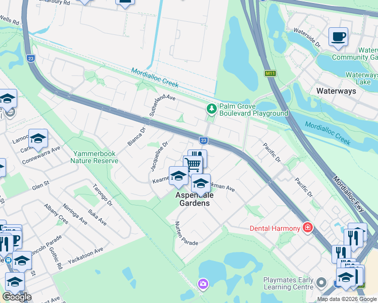 map of restaurants, bars, coffee shops, grocery stores, and more near 3 McIntosh Court in Aspendale Gardens