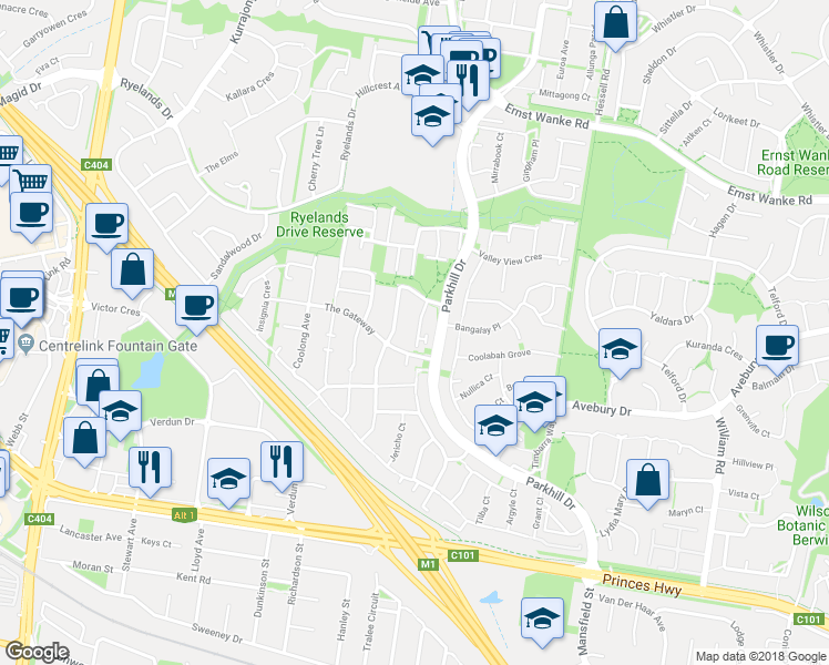 map of restaurants, bars, coffee shops, grocery stores, and more near 19 Adelaide Close in Berwick