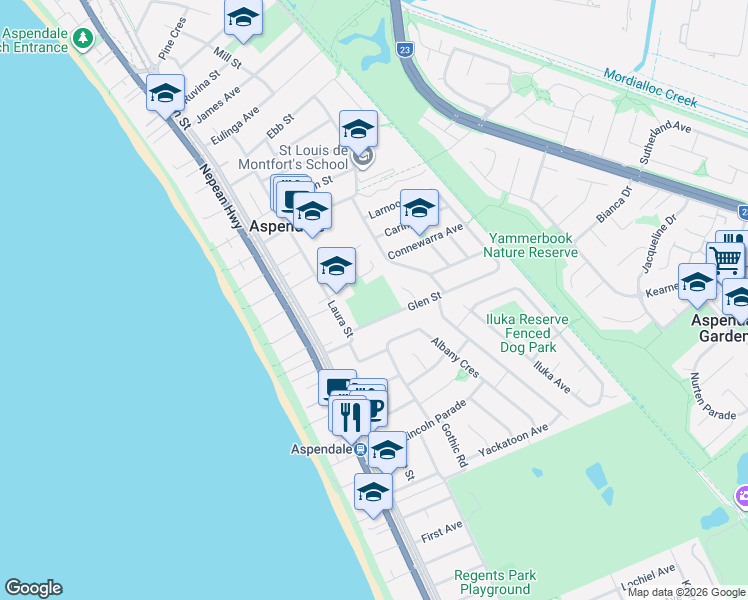 map of restaurants, bars, coffee shops, grocery stores, and more near 10A Parkview Drive in Aspendale